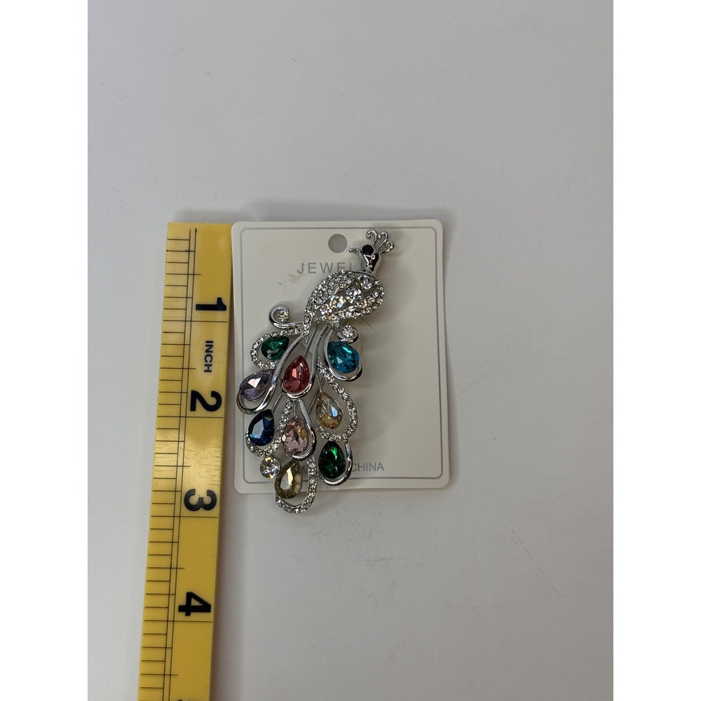 Multicolor Crystal Peacock Brooch Silver Tone Rhinestone Bird Statement Pin Y2K - Picture 3 of 4